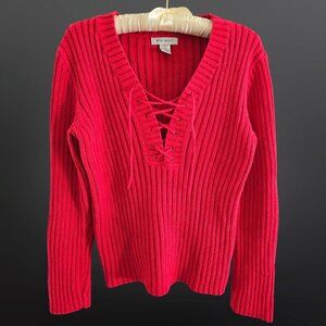 Vintage 90s Nine West Lace Up Ribbed Sweater Size XL Red Cotton Chunky Knit